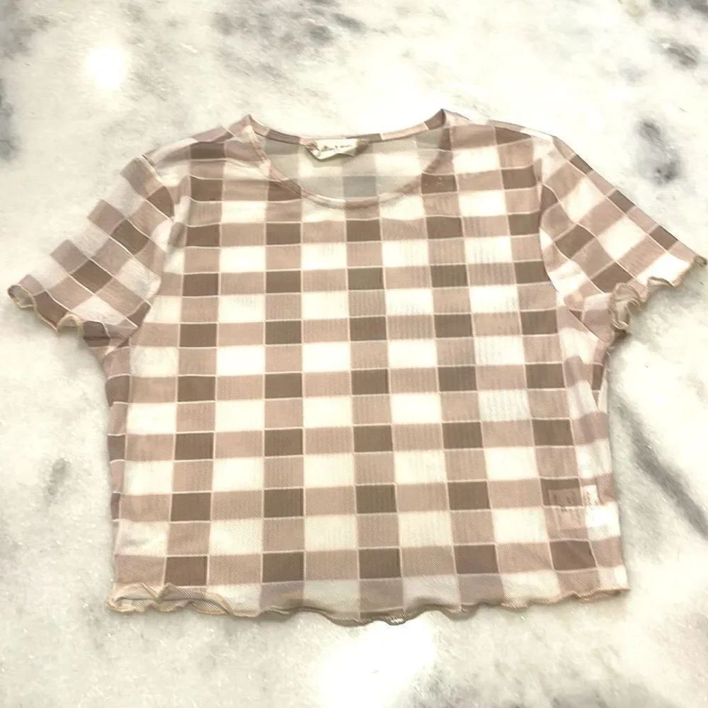 Altar’d State Sheer Tan and Cream Checkered Stretch Crop Top Size XS